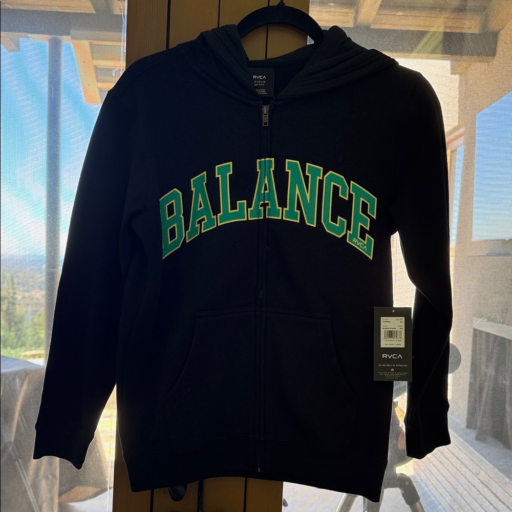 RVCA Kids Black Hoodie with Green Balance Print/ back it says Opposites.
